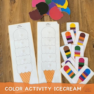 Puede incluir: Actividad de coincidencia de colores para niños con dos conos de helado con espacios en blanco para la coincidencia de colores y un conjunto de tarjetas de colores con diferentes bolas de helado de colores.