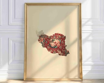 Iran Poster – Map with Carpet Pattern – Oriental Wall Art, Iran Poster