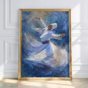 Può includere: Dipinto incorniciato raffigurante un derviscio rotante in abiti bianchi su sfondo blu e oro. L'opera è incorniciata in una cornice dorata e poggia su un muro bianco.