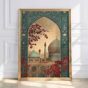 Könnte beinhalten: Ein gerahmter Druck mit einem kunstvollen architektonischen Design mit türkisen und goldenen Akzenten. Das Kunstwerk zeigt ein Gebäude mit Kuppeln und Minaretten, das von einem türkisfarbenen Torbogen umrahmt und mit roten floralen Elementen verziert ist. Der Rahmen ist goldfarben.