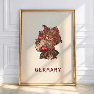 Tyskland kartposter, Tyskland karttryck, orientalisk mattkarta, blomsterkonsttryck, Tyskland väggkonst, karta över Tyskland poster