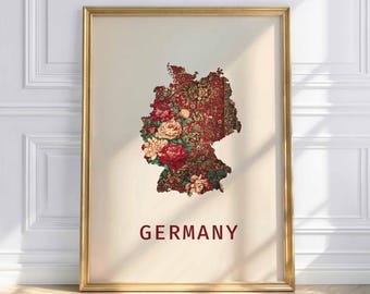 Germany Map Poster, Germany Map Print, Oriental Carpet Map, Floral Art Print, Germany Wall Art, Map of Germany Poster