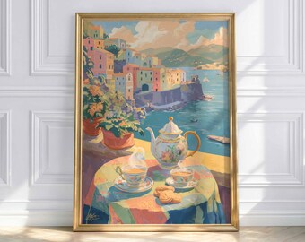 Póster de Italia: Paisaje costero mediterráneo con café, decoración de pared vintage