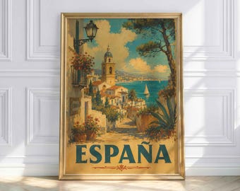 Spain Poster Vintage Coast, España Wall Art, Mediterranean Travel Poster, Spanish Village Coast, Retro Spain Wall Decor, Vintage Travel Art