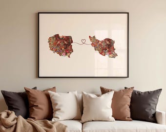 Iran Poland Map Poster | Iran & Poland Heart Map | Two Countries One Love | Country Map Wall Art | Gift for Couples