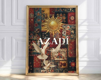 Azadî Poster – Kurdish Freedom Art – Sun & Doves Wall Art – Kurdistan Inspiration – Ethnic Boho Wall Decor