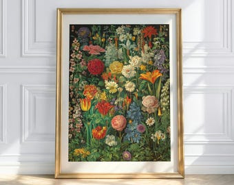 Vintage Flower Poster – Colorful Flower Meadow Wall Art, Botanical Illustration, Floral Print Decoration