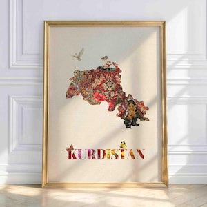May include: A framed wall art print featuring a map of Kurdistan filled with a vibrant red floral pattern and a portrait of a person. The map is surrounded by small butterflies and a bird, with the word KURDISTAN printed in large, colorful letters below.