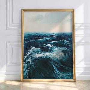 Ocean Wave Wall Art, Dramatic Seascape Print, Coastal Ocean Painting, Beach House Decor, Nautical Wall Art, Blue Sea Poster,