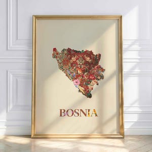 May include: A framed print featuring a floral pattern in the shape of Bosnia. The word "BOSNIA" is printed in a colorful floral font below the map. The frame is gold, and the background is a light beige color.