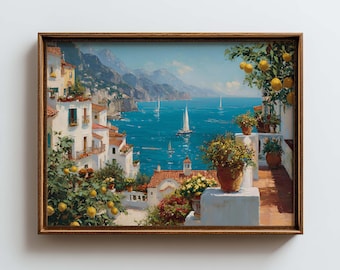 Póster de Italia – Arte mural de la costa de Amalfi – Paisaje mediterráneo – Impresión artística de un pueblo costero – Decoración con vistas al mar en verano – Impresión italiana