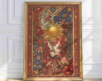 Kurdish Orient Poster – Oriental Carpet Art with Golden Sun and Doves of Peace