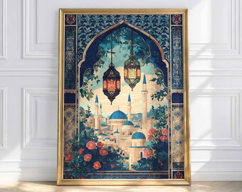Oriental City Poster – Islamic Art with Lanterns, Roses & Blue Domes | Arabic Architecture | Oriental Wall Art Print