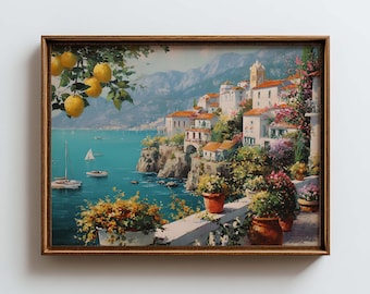 Póster de Italia, arte mural de la costa de Amalfi, póster de paisaje mediterráneo, decoración italiana, lámina artística de limones, arte mural mediterráneo
