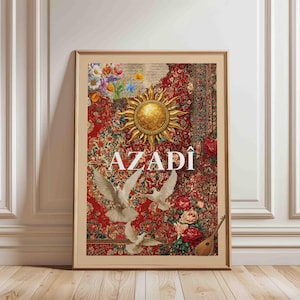 May include: Framed art print featuring a red floral pattern with a gold sunburst and the word "AZADI" in white. White doves are depicted in flight. The artwork has a vintage aesthetic.