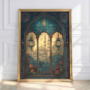 May include: A framed art print depicting a detailed cityscape with a mosque, minarets, and lanterns. The artwork features a teal and gold color palette, with red flowers in the foreground. The print is in a gold frame.