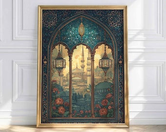 Orient Window Poster – Arabic Architecture & Mosque Art, Oriental Mural with Lanterns and Flowers, Fine Art Print, Unframed