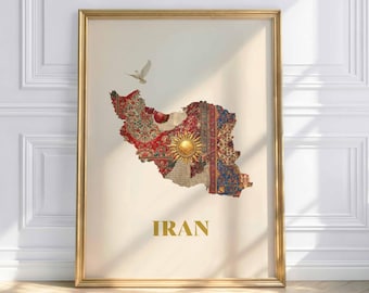 Iran Map Poster – Oriental wall art with Persian carpet patterns and golden sun