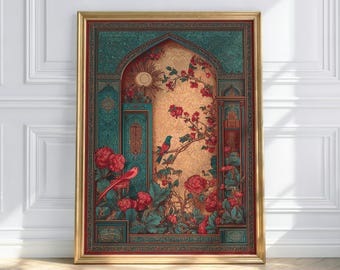 Persian Art Poster – Oriental Illustration, Flowers & Birds, Traditional Wall Decor