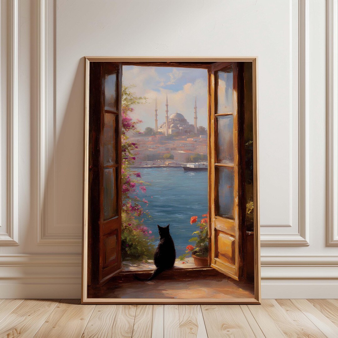 Istanbul Window Poster With Cat – Turkish Wall Art – Oriental Mosque ...