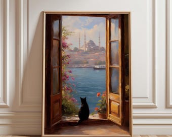 Istanbul Window Poster with Cat – Turkish Wall Art – Oriental Mosque Art – Istanbul Bosphorus Poster – Ottoman Decor