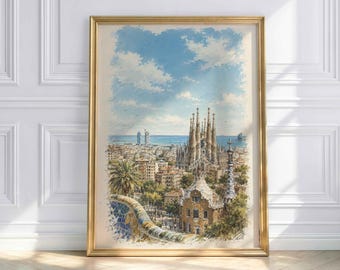 Barcelona poster, Barcelona wall art, Spain art print, Barcelona cityscape, Sagrada Familia poster, Spanish wall decor