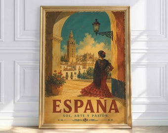 Spain Poster Seville, España Wall Art, Flamenco Poster, Vintage Seville Art, Spanish Wall Decor, Retro Travel Poster