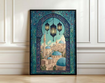 Oriental City Poster – Islamic Art, Turkish-Arab Architecture, Lanterns & Blue Domes, Oriental Wall Art Print