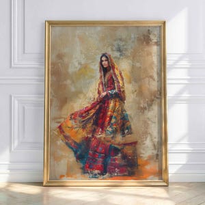 May include: A framed painting depicts a woman in traditional attire. The artwork features a vibrant color palette of red, yellow, and blue. The woman is wearing a long dress and a head covering, with intricate patterns and textures.
