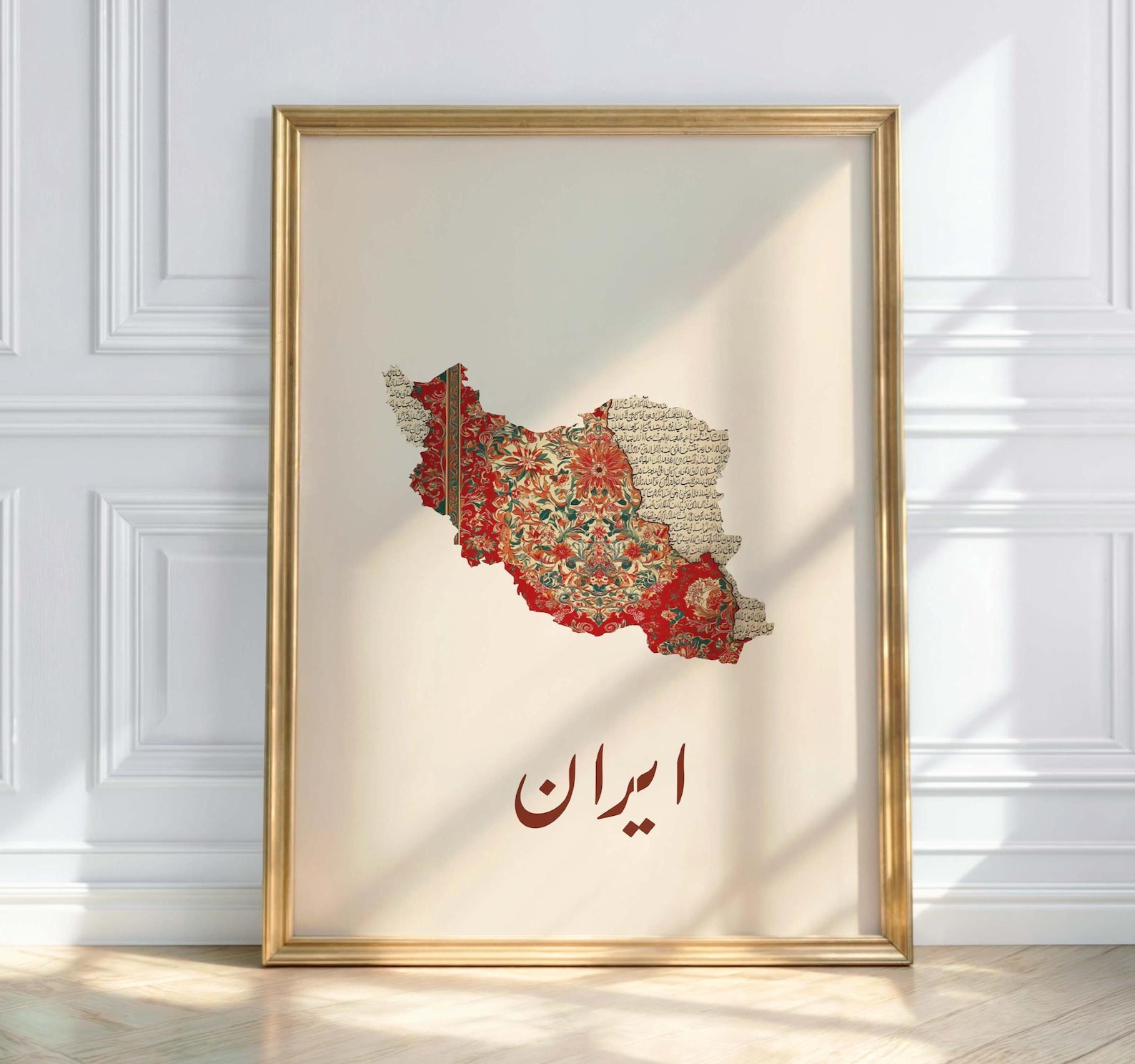 Iran Map Art Poster – Floral Oriental Design with Persian Script | Minimalist Country Map Wall Art - 40x60cm / 16x24″