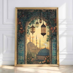 May include: Framed art print depicting a Middle Eastern cityscape with a mosque, minarets, and hanging lanterns. The artwork features a gold frame, an archway, and floral accents in shades of blue, orange, and green.