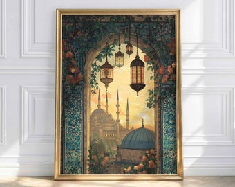 Orient Poster Syria Mosque Wall Art – Oriental Artwork with Lanterns and Arch, Arabic Architecture, Unframed