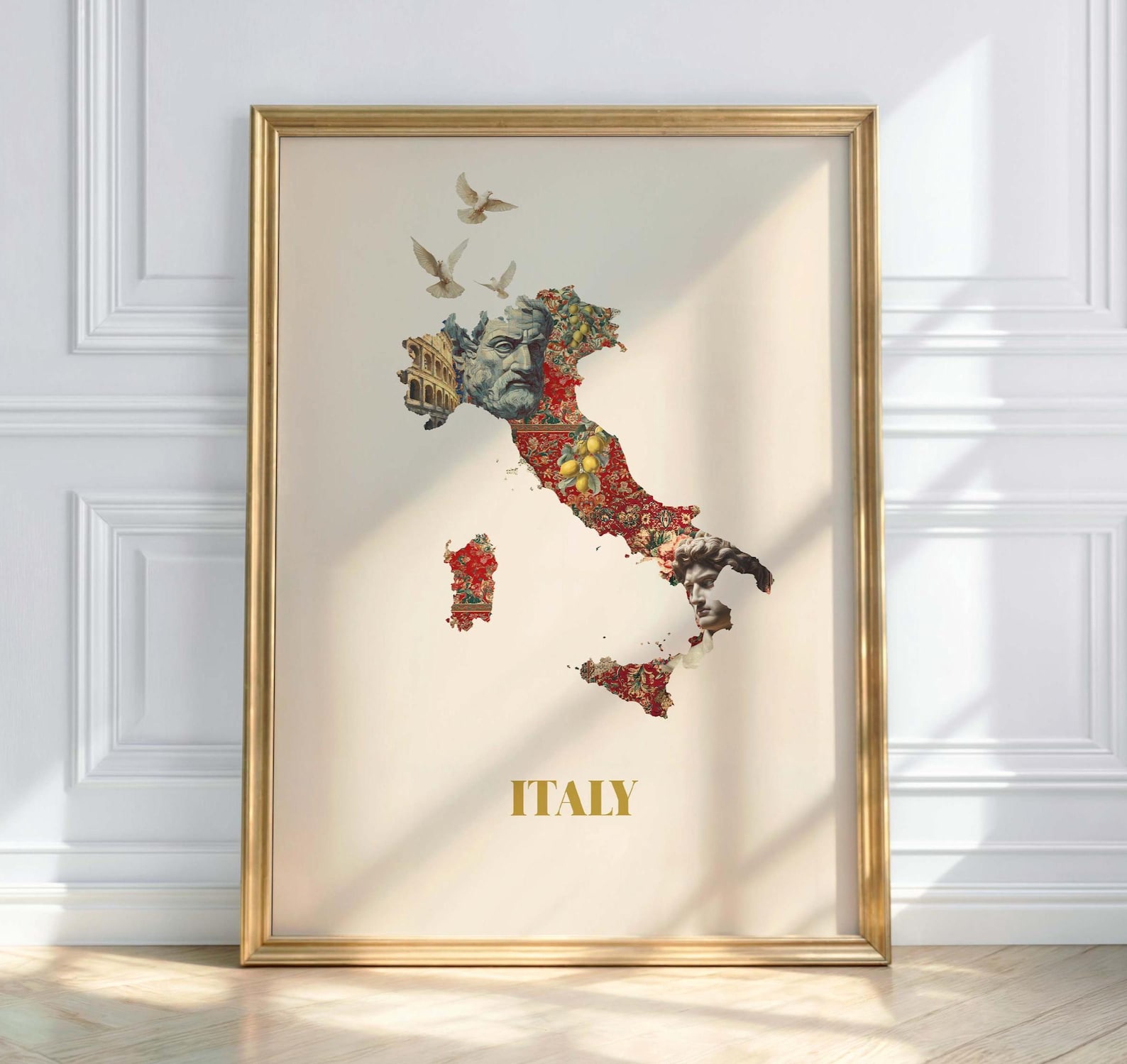 Vintage Italy Poster – Italy Map with David & Colosseum | Mediterranean Wall Art in Gold - A2 (42 x 59.4 cm)