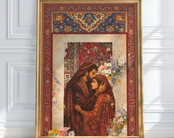 El beso oriental: Amor eterno al estilo persa | Lámina artística de pareja oriental con estampado de alfombra | Lámina artística persa
