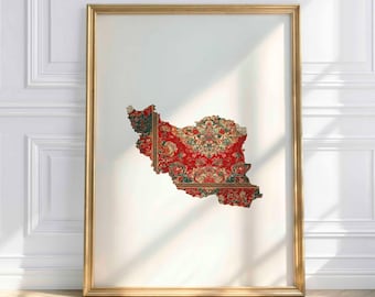 Iran Map Poster – Persian Art with Carpet Pattern, Oriental Wall Decoration, Ethno Fine Art Print,