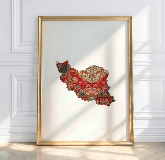 Iran Karte Poster – Persische Kunst mit Teppichmuster, Orientalische Wanddeko, Ethno Fine Art Print,