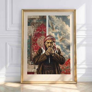 May include: A framed art print featuring an elderly individual wearing a red and white patterned head covering and a brown coat. The background displays a split composition of a red ornate rug with Arabic script and a blue sky with white doves.