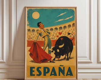 Vintage Spain Poster, España Wall Art, Bullfighting Art, Spanish Travel Decor, Retro Travel Poster, Mediterranean Wall Art