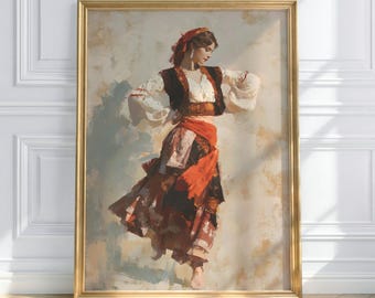 May include: A framed painting depicts a woman in traditional attire. She wears a white blouse, a dark vest, and a long skirt with red and brown accents. A red scarf adorns her head and waist. The artwork is set against a neutral background.