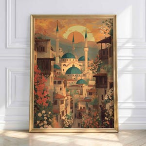 May include: A framed art print depicting a Middle Eastern cityscape with a mosque featuring teal domes and minarets. The artwork showcases a warm sunset, buildings, and vibrant flowers in shades of red, orange, and white. The frame is gold.