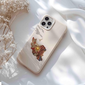 May include: Off-white phone case featuring a colorful map design with a sun and bird motif. The map is detailed with red, blue, and gold accents. The phone case has a triple-lens camera and is set against a white, textured background.