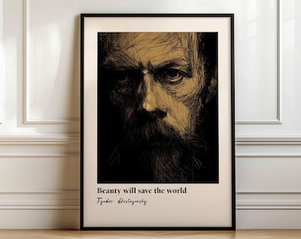 Poster met een citaat van Fjodor Dostojevski – “Schoonheid redt de wereld” – Literair portret, filosofische muurdecoratie, vintage boekkunstprint