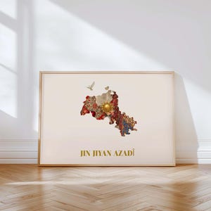 Kurdistans kartaffisch - Jin Jiyan Azadî - Kurdisk väggkonst - Kurdistankarta - Present till kurder - Kulturaffisch