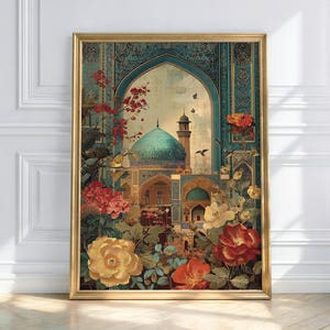 Persisches Kunst Poster – Moschee & Blumen, Orientalische Architektur Illustration, Exklusive Wanddeko