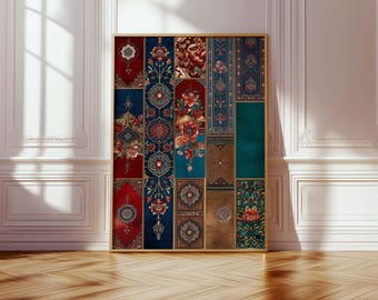Oriental Patchwork Poster – Persian Wall Art Red Turquoise Gold, Oriental Carpet Pattern Art Print, Vintage Oriental Decor, Floral Wall Art