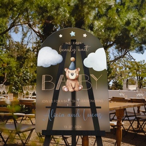 Cartello di benvenuto per baby shower a tema orso, decorazione We Can Bearly Wait, cartello in acrilico per baby shower, neutro rispetto al genere, cartello personalizzato