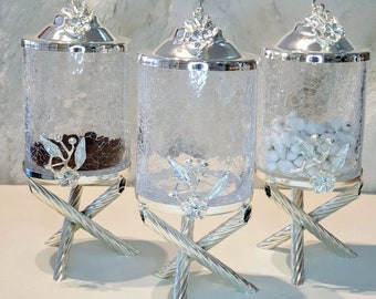 Set of 3 Glass Silver Canister set for Tea, Coffee and Sugar Storage