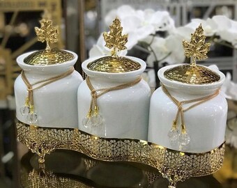 Set van 3 keramische gouden blikjes met houder voor het bewaren van koffie, thee en suiker
