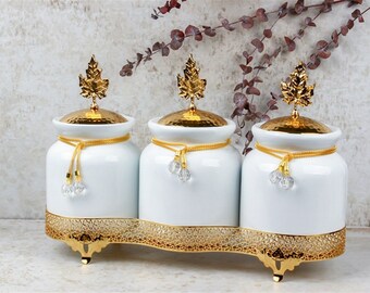 Set of 3 Ceramic Gold Canister Set with Holder for Coffee, Tea, Sugar, and Herbs - Home Decor