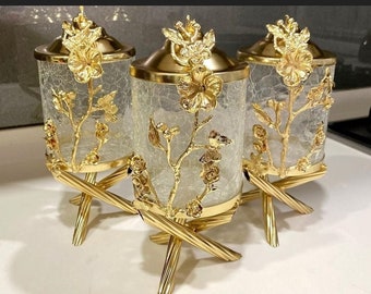 Set van 3 glazen gouden kristallen blikjes voor thee, koffie en suikeropslag